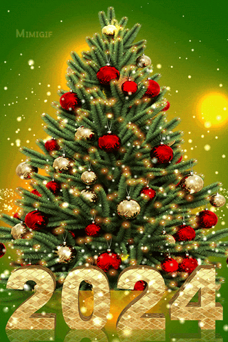 a christmas tree with red and gold decorations and the year 2024 in gold letters