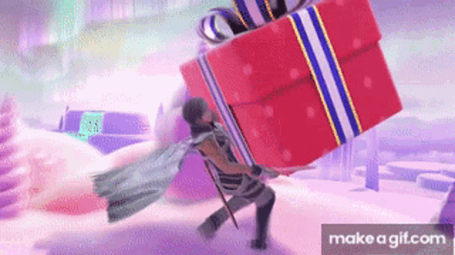a man is carrying a large red gift box with a bow