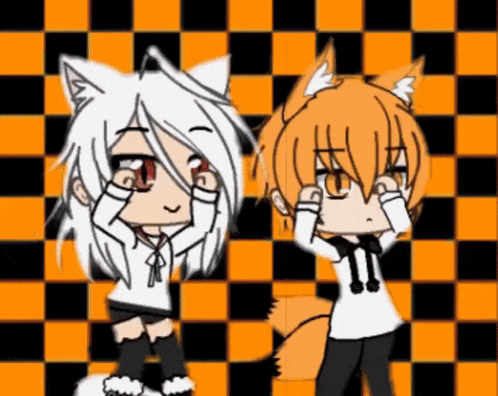 a boy and a girl are standing next to each other on a checkered background
