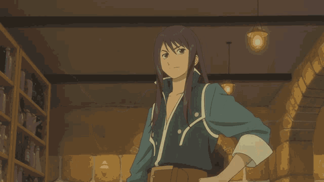 a girl with long purple hair is wearing a blue and white shirt
