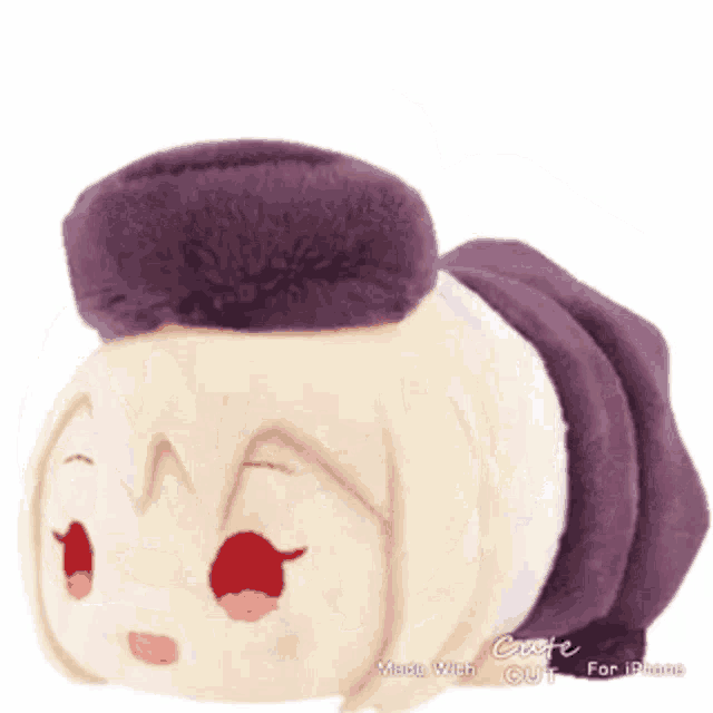 a stuffed animal with a purple hat and red eyes is displayed on a white background