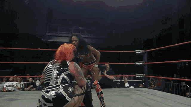two women in a wrestling ring with the word impact plus