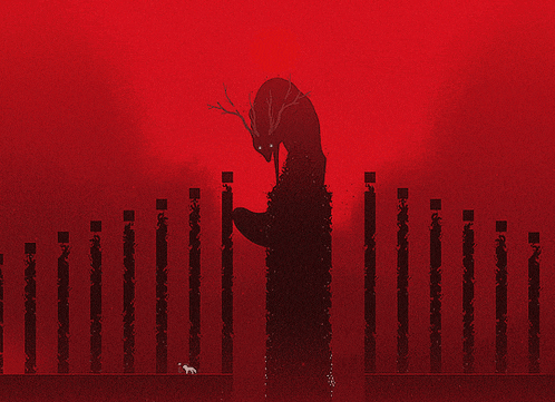 a deer with antlers is standing on top of a fence with a red background