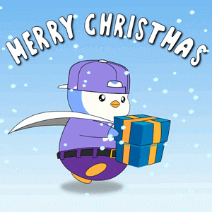 a penguin is holding a stack of presents and the words merry christmas are above it