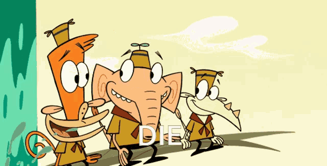 three cartoon characters are walking and the word die is on the bottom right