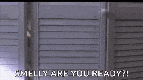 a monkey is standing in front of a door and says `` smelly are you ready ? ''