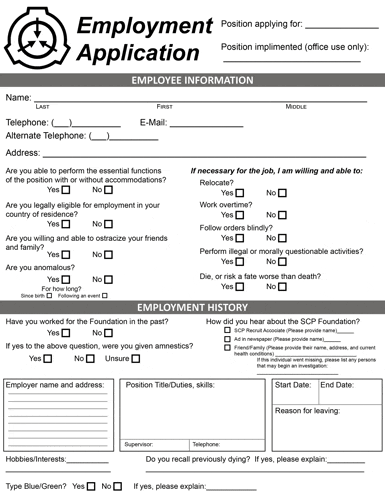 a black and white employment application form with a scp logo on it