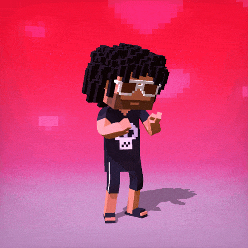 a pixel art drawing of a man wearing sunglasses and a shirt with a skull on it