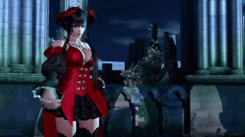 a woman in a red and black dress is standing in front of a cemetery in a video game called tekken