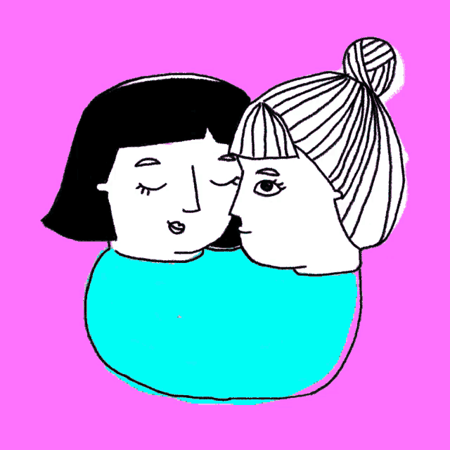 a drawing of two women hugging each other with their eyes closed