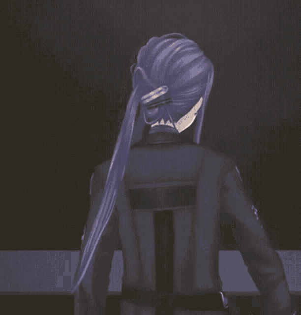 a girl with long purple hair and a black jacket