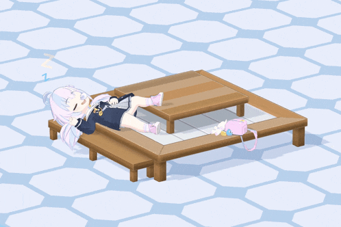a girl with white hair is laying on a table