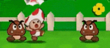 a cartoon of a toad and two goombas standing next to each other in a field .