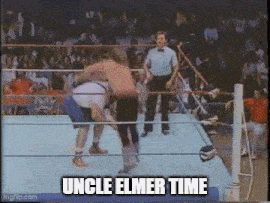 two men are fighting in a boxing ring with the words uncle elmer time above them