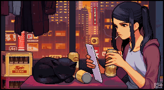 a pixel art of a woman smoking a cigarette and drinking a beer