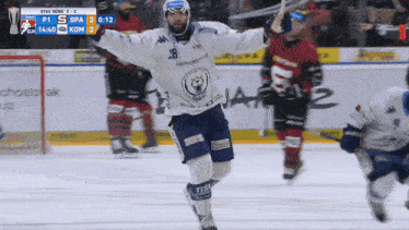 a hockey player with the number 18 on his jersey is celebrating a goal