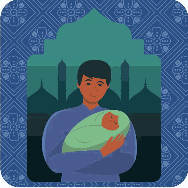 a man is holding a baby in his arms in front of a mosque