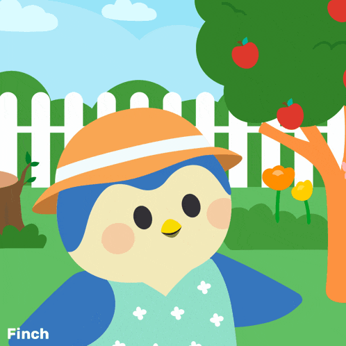 a penguin wearing a hat and a dress with the word finch on the bottom right
