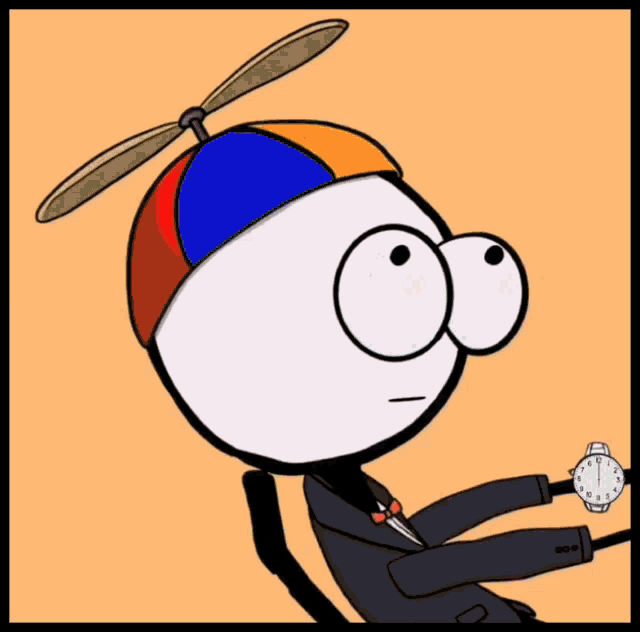 a cartoon character wearing a propeller hat and holding a watch with the word whip on the bottom