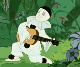 a cartoon of a clown playing a guitar in the grass