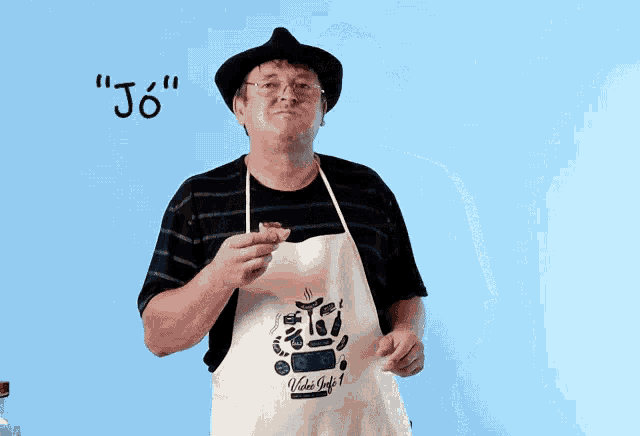 a man wearing a black hat and an apron that says " jo " on it