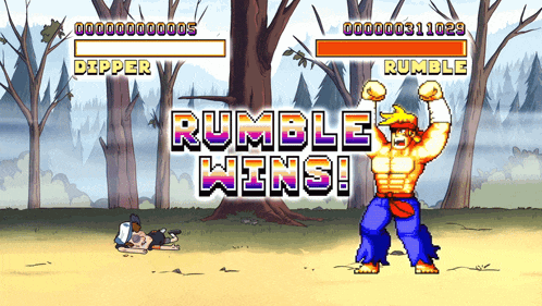 a video game screen shows a rumble win and a dipper win