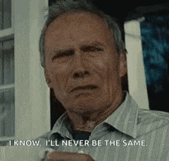 a man in a striped shirt is holding a glass and says `` i know , i 'll never be the same ''