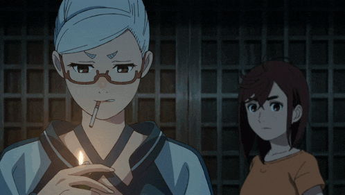 a woman with glasses holds a lighter in her mouth