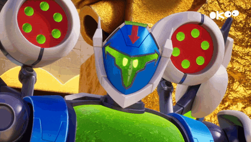 a robot with a green face and a red arrow pointing down has a sticker that says okoo on it