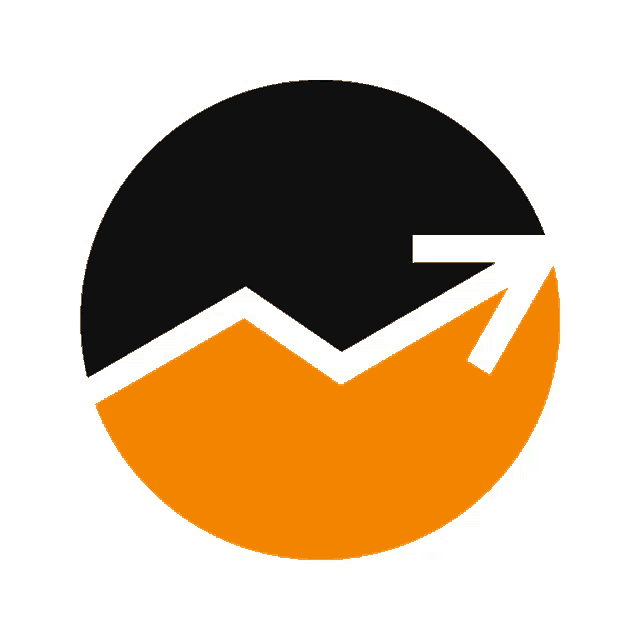 a black and orange circle with an arrow pointing upward