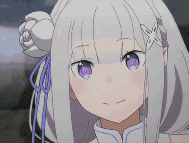 a girl with white hair and purple eyes has a flower on her hair
