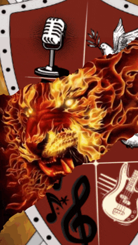 a lion with flames coming out of its mouth is surrounded by musical symbols