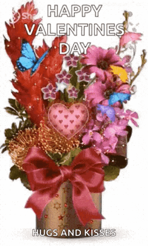 a bouquet of flowers with a heart in the middle and the words `` happy valentine 's day hugs and kisses ''