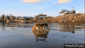 a cartoon character is floating in a body of water with makeagif.com in the corner
