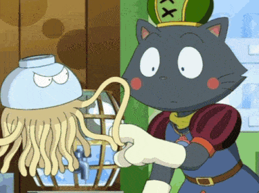 a cartoon cat with a green x on his hat