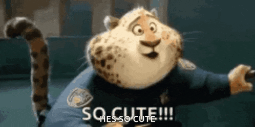 a cartoon leopard from zootopia is sitting on a couch and saying `` so cute ! ''