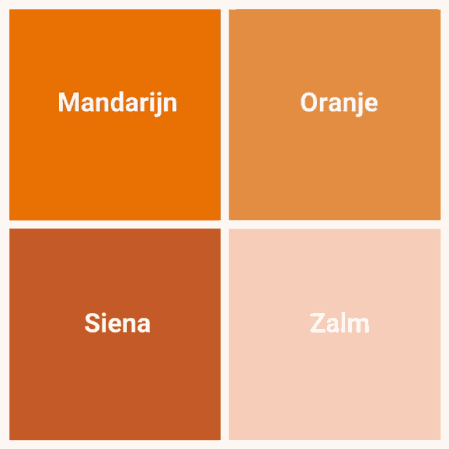 four squares of different shades of orange with mandarin siena and zalm written on them