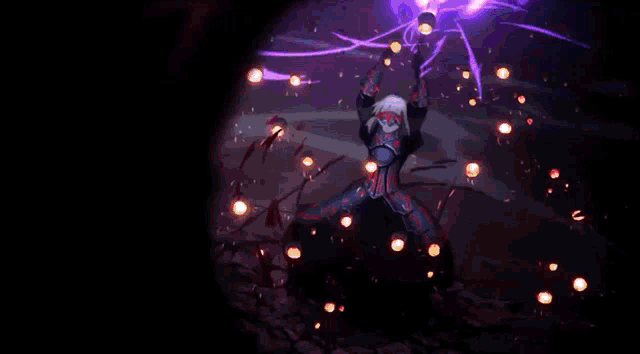 a person is surrounded by purple lights in a video game