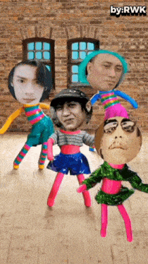 a group of dolls with faces on their heads are dancing in front of a brick wall