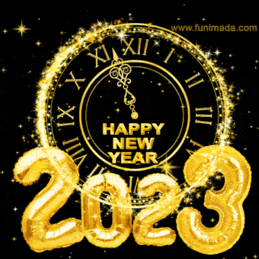 a happy new year greeting with a clock and balloons