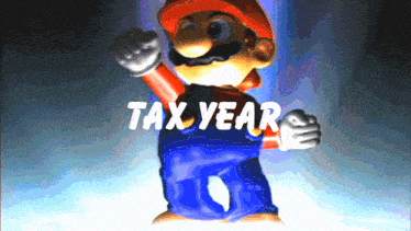 a video game character with the words tax year written above him