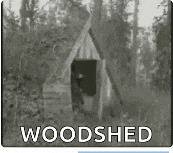 a black and white photo of a woodshed in the woods