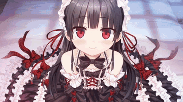a little girl in a black and white dress with red eyes