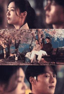 a man and a woman sit on a bench under a tree with flowers