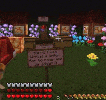 a sign in a video game that says sorry i was writing a letter for tio roar and tia jaiden d.
