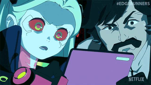 a cartoon of a man and a girl looking at a tablet with netflix written on the bottom