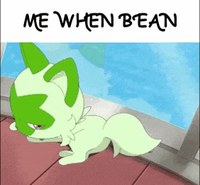 a cartoon of a green and white animal with the words `` me when bean '' on the bottom .
