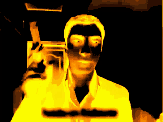 a man in a white shirt and black tie stands in a dark room with a yellow background