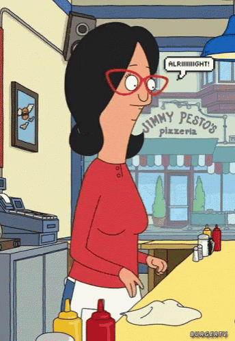 a cartoon of a woman standing in front of a jimmy pesto 's pizzeria