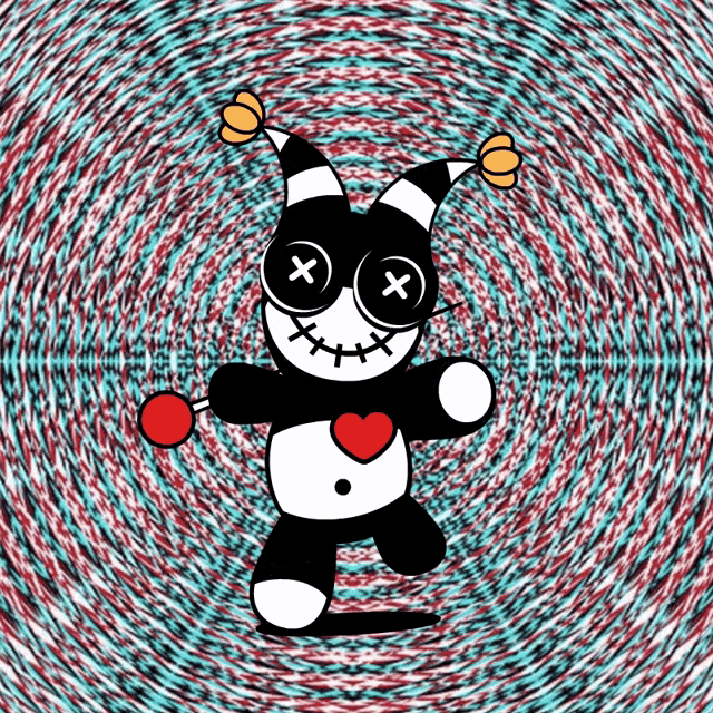 a black and white cartoon character with buttons on its eyes